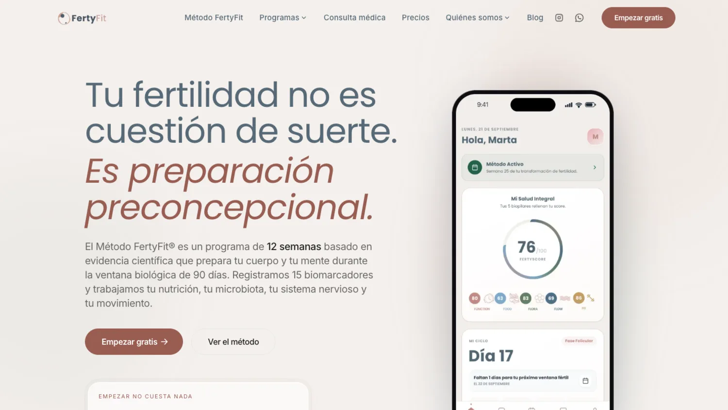 Portada de fertyfit.com con el Método FertyFit y la app en un móvil